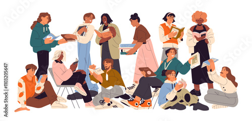 Happy readers hold, exchange books. Diverse people read literature together. Group of students studies with textbooks in library. Bookcrossing concept. Flat isolated vector illustration on white