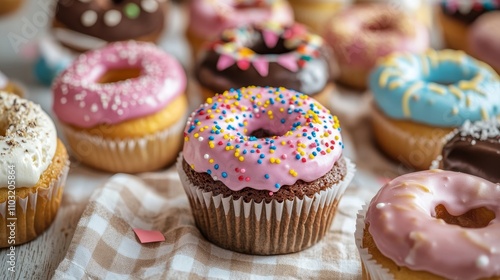 A vibrant assortment of decorated donuts and cupcakes displayed on a checkered cloth, ideal for bakery or dessert-themed searches.