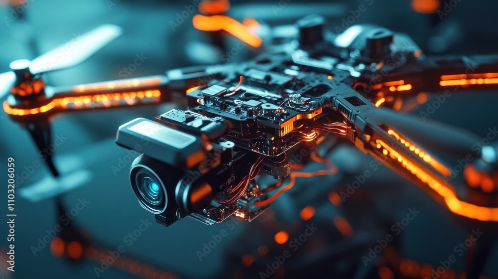 Close-up of a drone with exposed circuitry and camera. Close-up of a drone with exposed circuitry and camera.