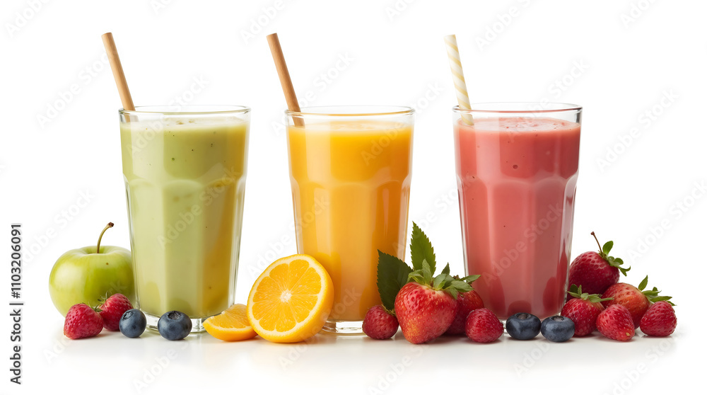 Colorful fruit smoothies with fresh ingredients isolated on white background Colorful fruit smoothies with fresh ingredients isolated on white background