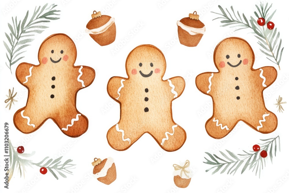Fototapeta premium Gingerbread men, pine branches, and festive decorations in watercolor style on a white background, perfect for holiday cards, posters, clipart, and seasonal illustrations.