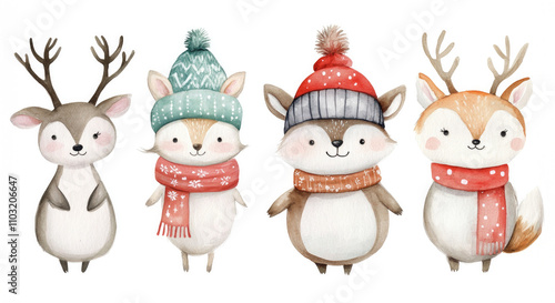 Cute woodland animals in winter scarves and hats, watercolor style on a white background, perfect for holiday cards, posters, clipart, and seasonal decorations.