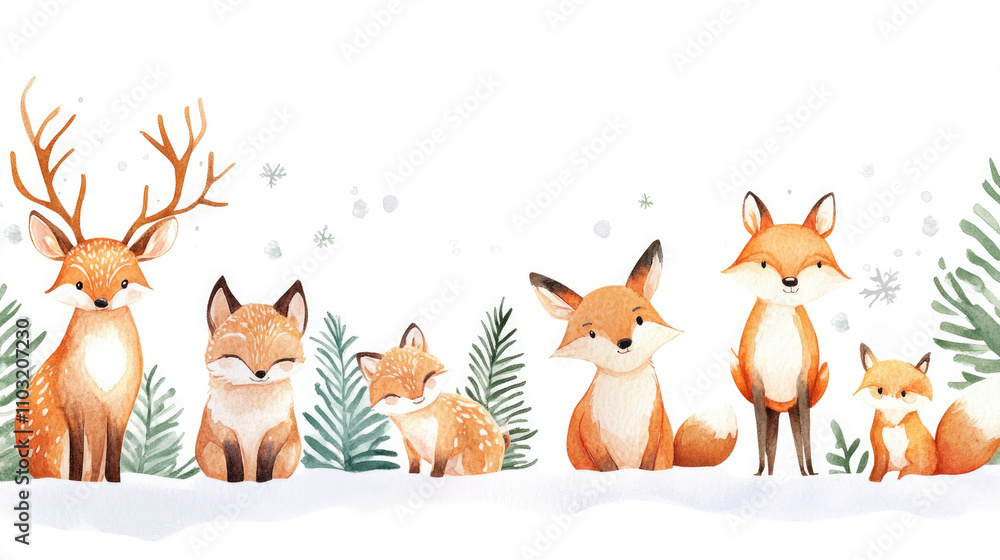 Obraz premium Set of woodland animals including deer and foxes in a snowy forest in watercolor style on a white background, perfect for holiday cards, posters, and seasonal designs.