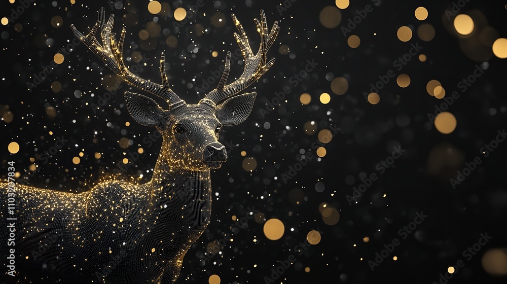 Golden deer in black gray background. Golden decorative line Golden deer in black gray background. Golden decorative line