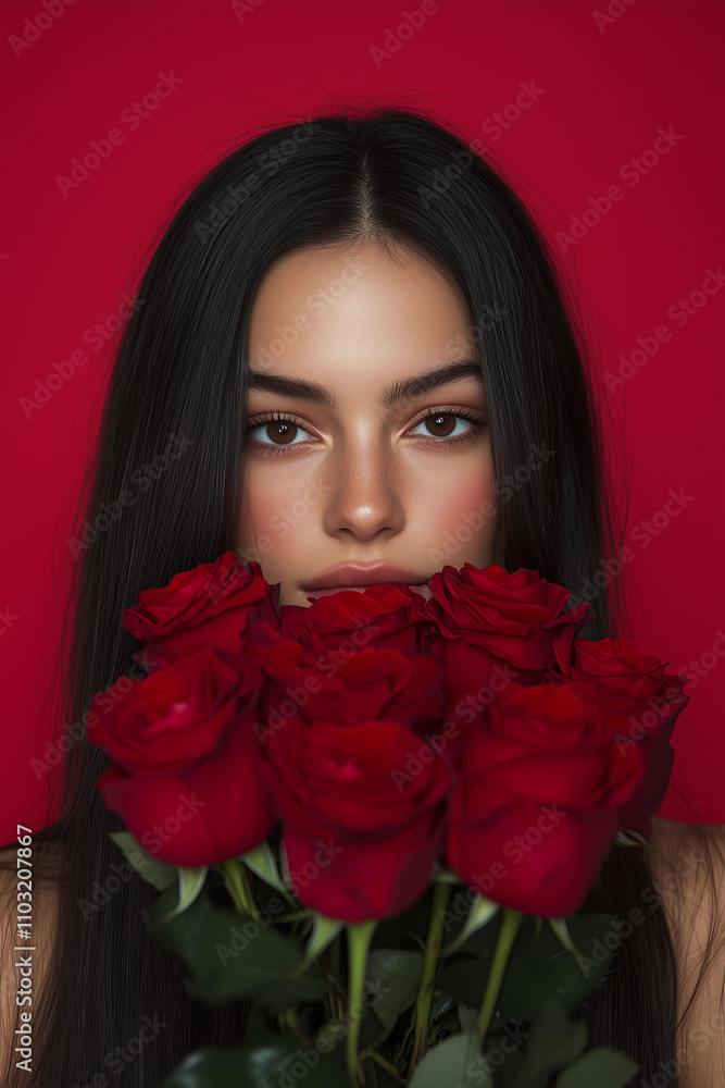 beautiful woman with long dark hair, brown eyes, and a bouquet of red roses in front of her face, set against a solid red background.
beautiful woman with long dark hair, brown eyes, and a bouquet of red roses in front of her face, set against a solid red background.