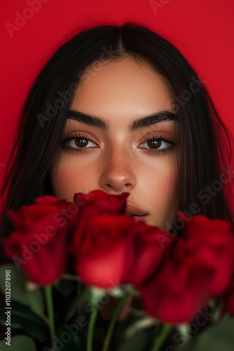 
beautiful woman with long dark hair, brown eyes, and a bouquet of red roses in front of her face, set against a solid red background.  