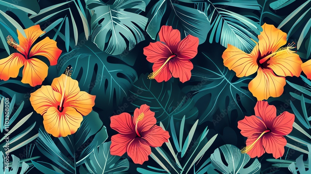 custom made wallpaper toronto digitalA seamless tropical pattern of hibiscus flowers and leaves.