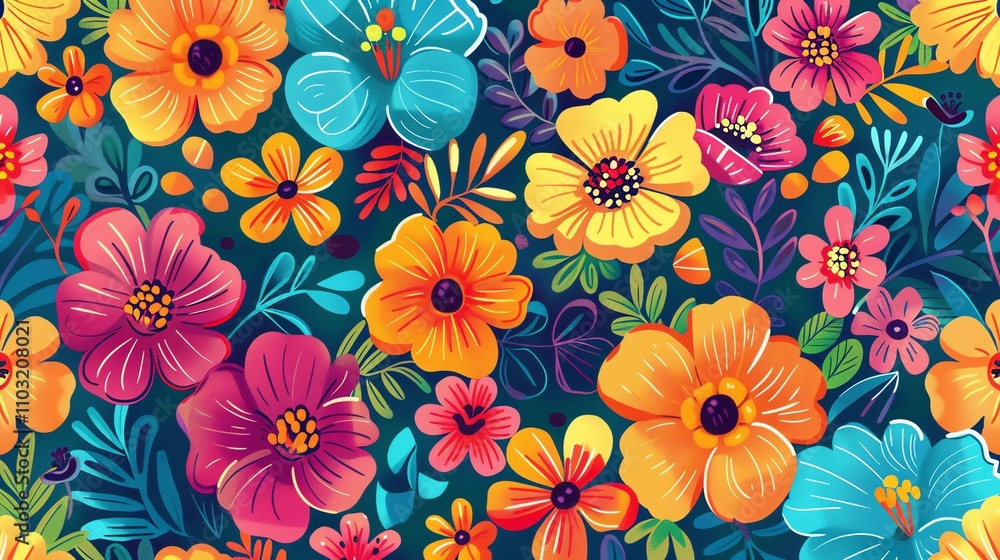 A seamless pattern of colorful flowers on a dark blue background. A seamless pattern of colorful flowers on a dark blue background.