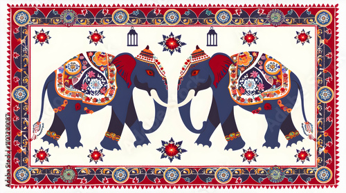 Vector illustration of two elephants in Indian style with an ornament and lanterns on their heads,  photo