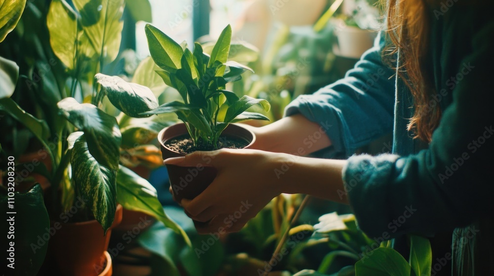 Woman Caring for Indoor Plants: A Serene Moment of Nature's Embrace Woman Caring for Indoor Plants: A Serene Moment of Nature's Embrace