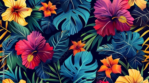 A seamless pattern of tropical flowers and leaves.