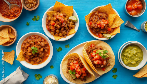 Mexican food table with traditional dishes. Chili con carne, tacos, tomato salsa, corn chips with guacamole. Mexican feast in hard light on blue color background, top view isolated with white highli