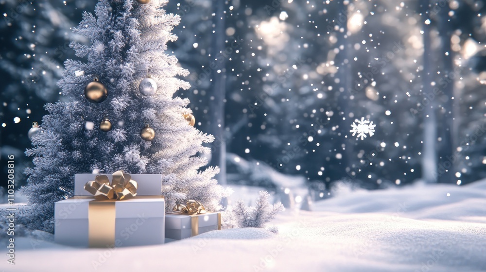 Snowy Winter Scene with Decorated Christmas Tree and Gifts Snowy Winter Scene with Decorated Christmas Tree and Gifts