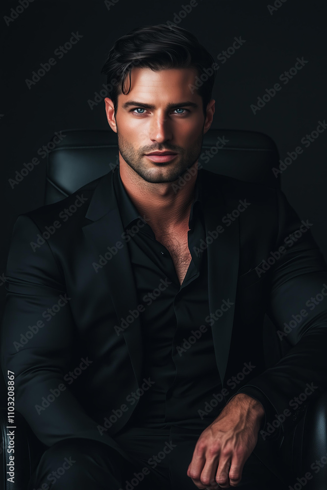 Fototapeta premium photo of handsome man with dark hair, blue eyes, and a muscular body wearing black suit sits casually on a black office chair , wearing all-black , . in the style of a romantic , dark romance