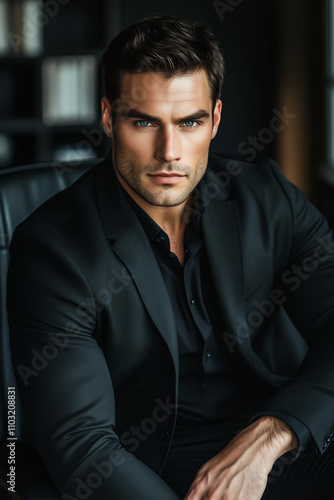 photo of handsome man with dark hair, blue eyes, and a muscular body wearing black suit sits casually on a black office chair , wearing all-black , . in the style of a romantic , dark romance 
