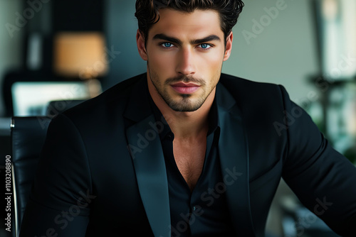 photo of handsome man with dark hair, blue eyes, and a muscular body wearing black suit sits casually on a black office chair , wearing all-black , . in the style of a romantic , dark romance 