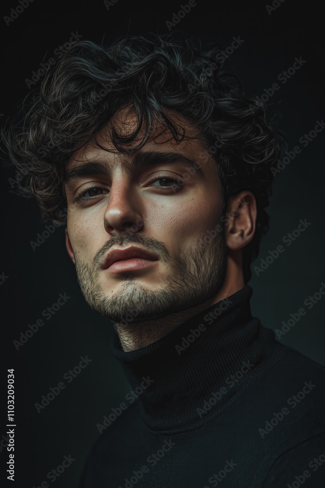 Obraz premium Romantic Italian man with curly hair and stubble, wearing black . He is posing for a profile photo. . The background is dark In a cinematic style.