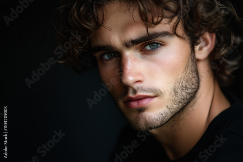 Romantic Italian man with curly hair and stubble, wearing black . He is posing for a profile photo. . The background is dark In a cinematic style.