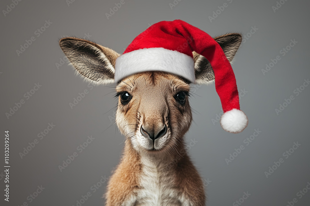 Portrait of a kangaroo wearing a Santa hat on a solid studio background. Christmas animal concept. New Year and Christmas card template with copy space
Portrait of a kangaroo wearing a Santa hat on a solid studio background. Christmas animal concept. New Year and Christmas card template with copy space