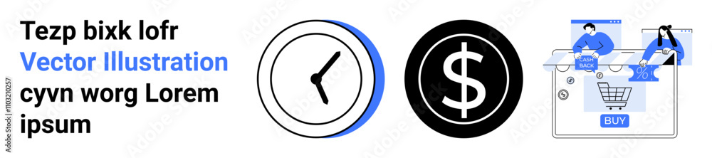 Business elements include a clock, dollar sign, and online shopping cart. Ideal for time management, finance, e-commerce, marketing, online transactions, business strategy productivity themes Business elements include a clock, dollar sign, and online shopping cart. Ideal for time management, finance, e-commerce, marketing, online transactions, business strategy productivity themes