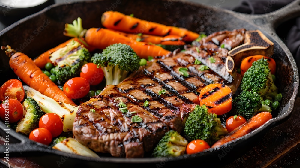 Grilled beef steak with grilled vegetables, with carrots, cherry tomatoes, broccoli Grilled beef steak with grilled vegetables, with carrots, cherry tomatoes, broccoli