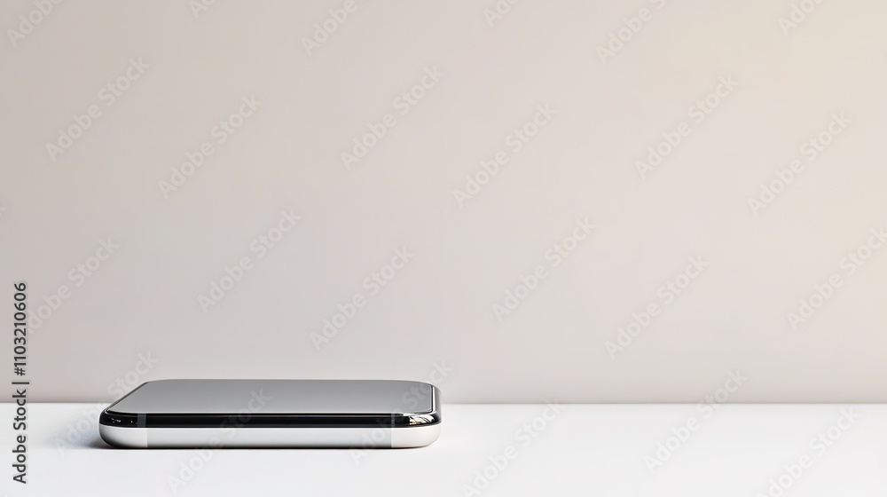 Minimalist smartphone on white surface, neutral background Minimalist smartphone on white surface, neutral background