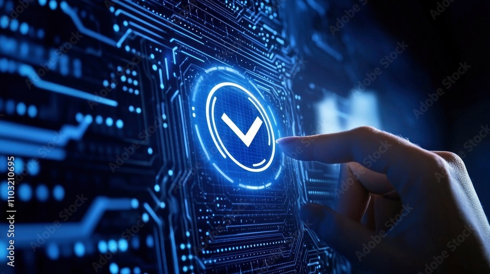 A hand touching a blue digital screen with a check mark icon on it, a futuristic circuit board in the background, and a dark, clean backdrop. A hand touching a blue digital screen with a check mark icon on it, a futuristic circuit board in the background, and a dark, clean backdrop.