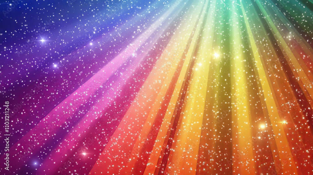 Vibrant rainbow sunburst background featuring glittering stars and radiant light beams for festive or abstract design projects Vibrant rainbow sunburst background featuring glittering stars and radiant light beams for festive or abstract design projects
