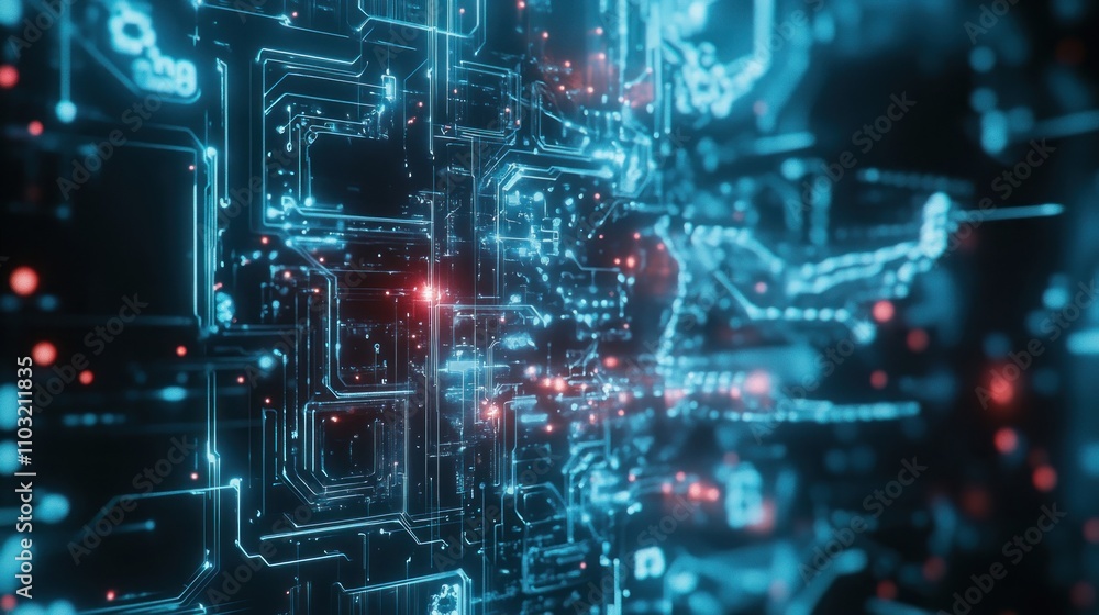 Abstract digital circuit design with glowing elements representing technology and data flow. Abstract digital circuit design with glowing elements representing technology and data flow.