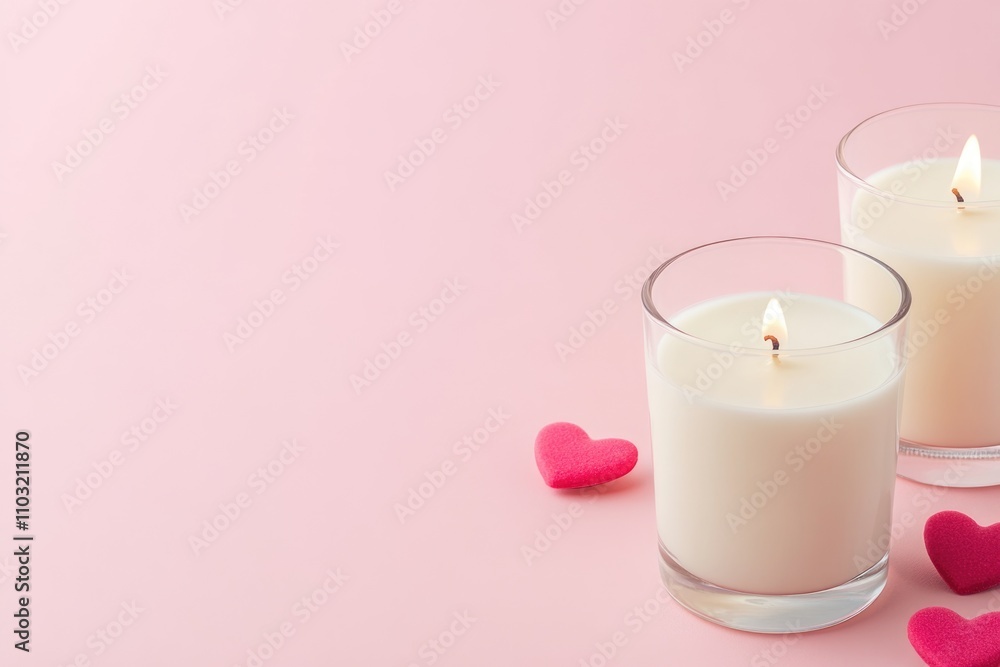 Candle mockup on pink background with hearts and flowers. ai generated Candle mockup on pink background with hearts and flowers. ai generated