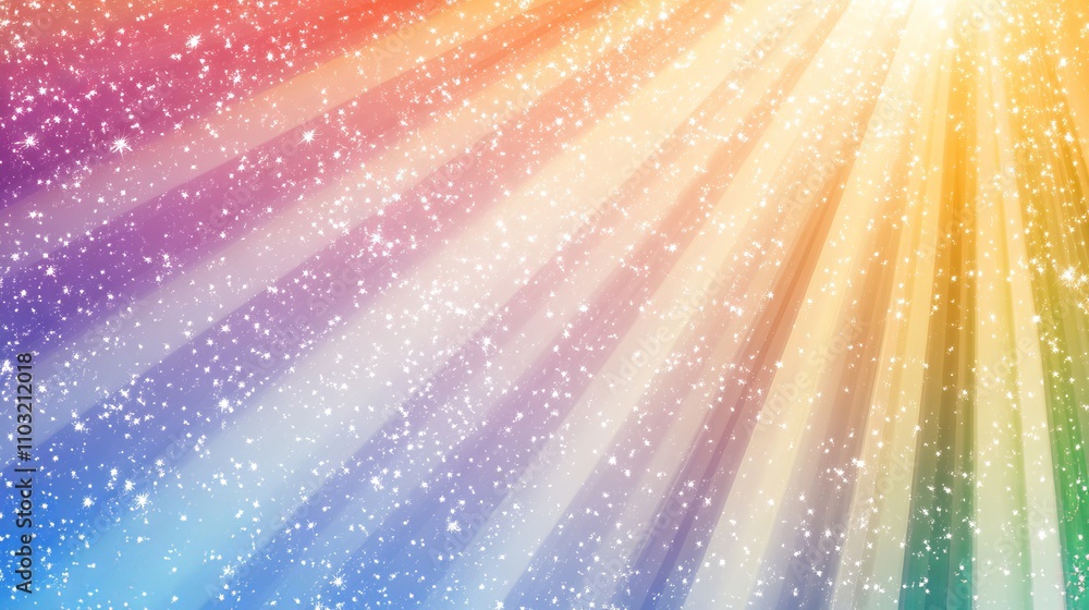 Vibrant rainbow sunburst background featuring glittering stars and radiant light beams for festive or abstract design projects Vibrant rainbow sunburst background featuring glittering stars and radiant light beams for festive or abstract design projects