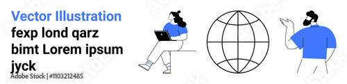People using laptop, communicating, large globe in center. Ideal for technology, communication, global connectivity, collaborative work, modern design, remote work, digital platforms. Landing page
