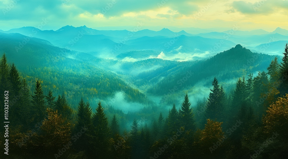 Majestic mountain range with peaks, trees, fog Majestic mountain range with peaks, trees, fog