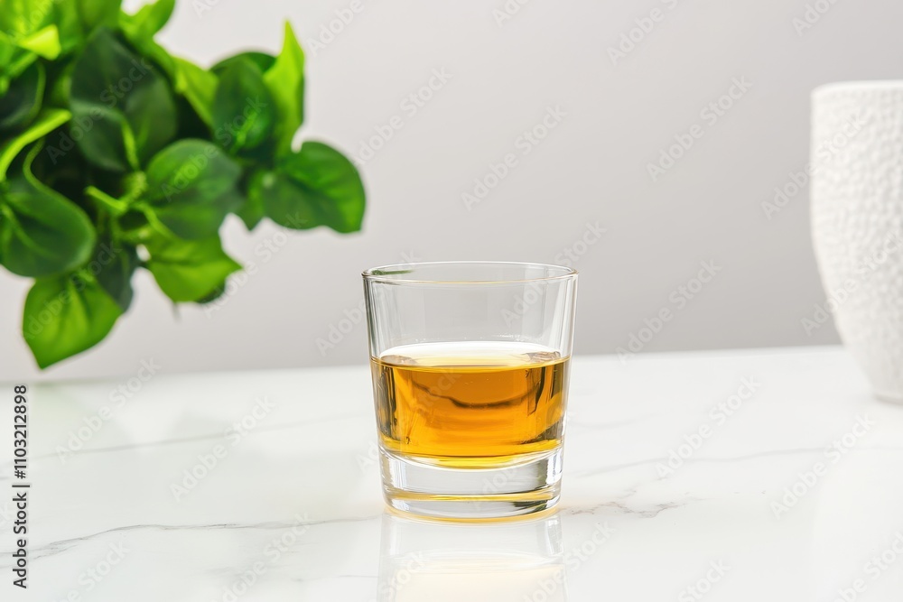 Minimalistic shot glass of vodka elegantly placed on a pristine white marble surface. Minimalistic shot glass of vodka elegantly placed on a pristine white marble surface.