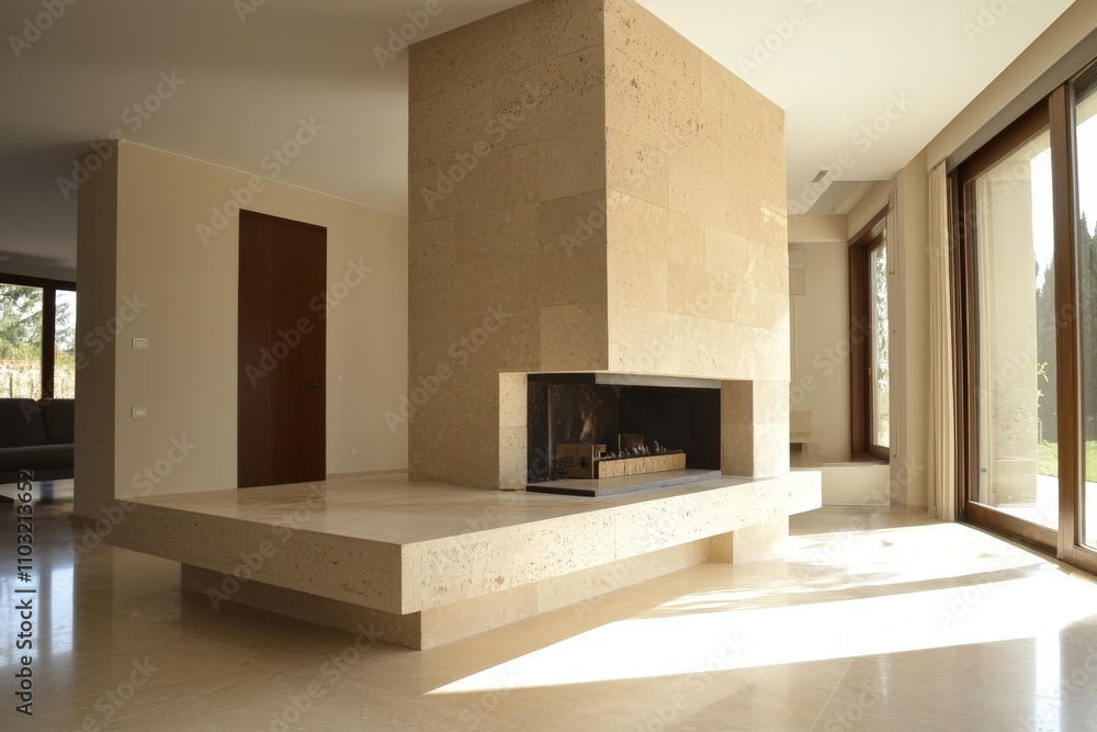 Fototapeta premium a minimalist stone fireplace in the living room of a country house