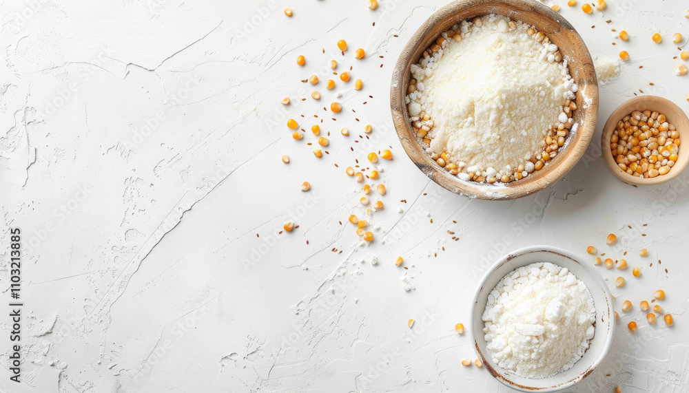 Obraz premium Bowls of corn flour, corn starch, and whole corn kernels