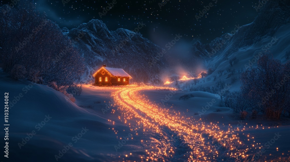 A cozy cabin glows warmly in a snowy mountain landscape at night, illuminated by a magical path of lights. A cozy cabin glows warmly in a snowy mountain landscape at night, illuminated by a magical path of lights.