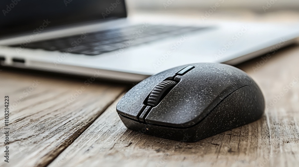 Computer mouse on wooden desk home office technology product cozy environment close-up view productivity concept Computer mouse on wooden desk home office technology product cozy environment close-up view productivity concept