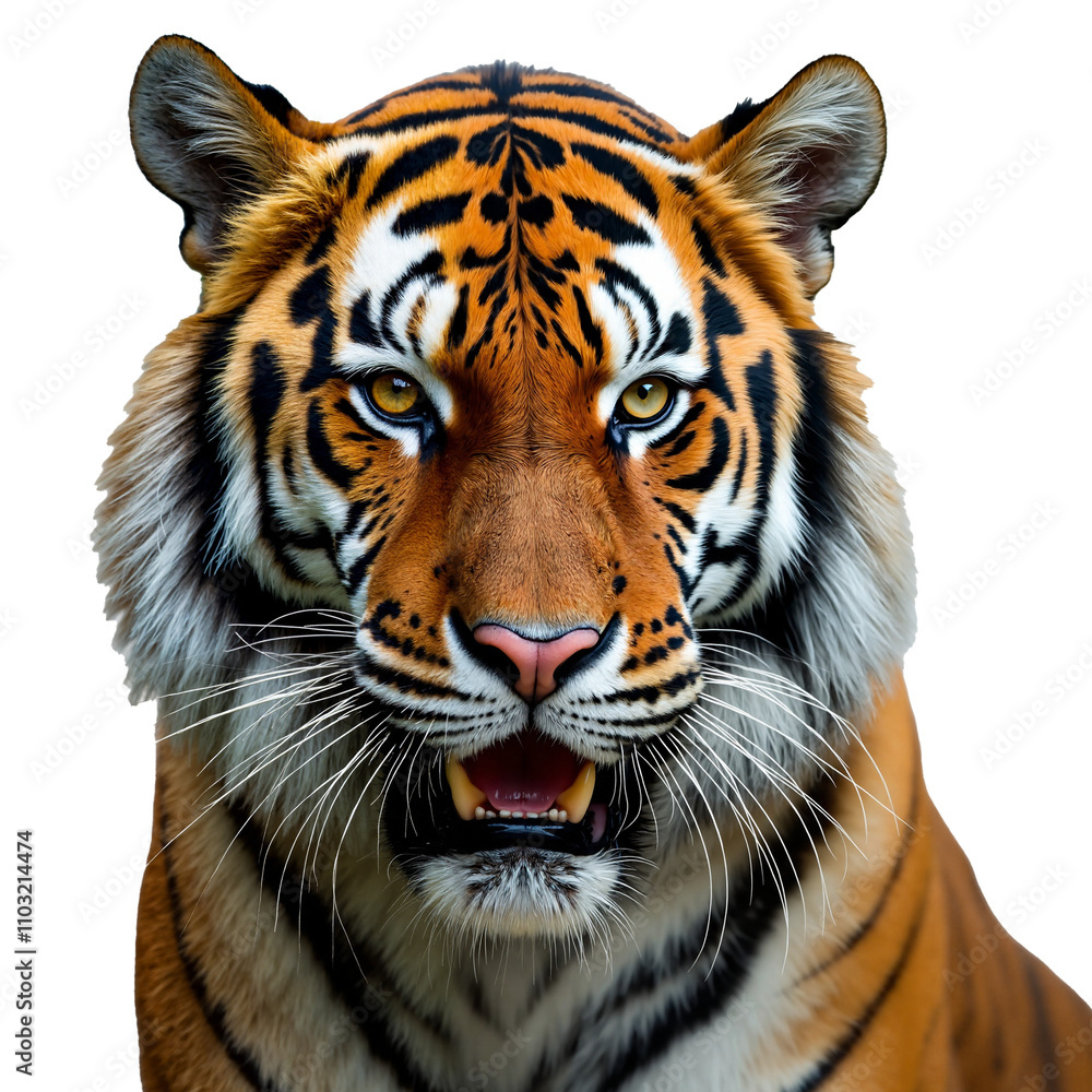 Obraz premium Close-up portrait of a tiger's face. The tiger's orange, black, and white stripes, sharp teeth, and intense stare are prominent. The background is transparent.