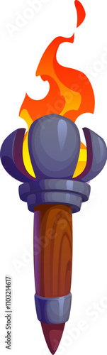 Torch, Medieval game cartoon fire light or ancient torchlight, vector GUI asset. Medieval castle dungeon or pirate torch with burning fire flame on wooden handle for fantasy adventure of arcade game