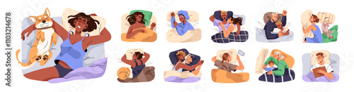 Diverse people sleep set. Men, women and kids nap, lying in bed top view. Asleep families, couples hug, have a rest, relax on pillows at night. Flat isolated vector illustration on white background