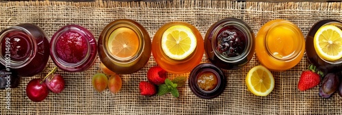 Various Homemade Jam Set, Pozzy Big Collection with Tea and Sliced Lemon on Rustic Tablecloth photo