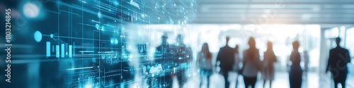Silhouetted people in corporate setting with digital overlay
