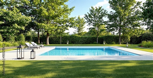Wallpaper Mural Serene Outdoor Poolside Scene with Lush Greenery and Relaxing Lounge Chairs Torontodigital.ca