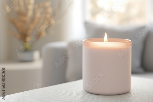 Mock up for candle label on bright living room backgrounds. ai generated