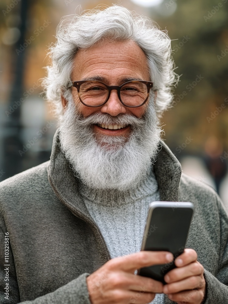 Bearded Man with Glasses Checking Phone Outdoors Bearded Man with Glasses Checking Phone Outdoors