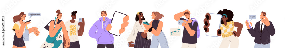 People with phones set. Users communicate online, call, surfing the Internet, scroll social networks by smartphones. Characters hold telephone, show screen. Flat isolated vector illustrations on white People with phones set. Users communicate online, call, surfing the Internet, scroll social networks by smartphones. Characters hold telephone, show screen. Flat isolated vector illustrations on white