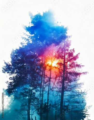 Watercolor double exposure with nature and woman portrait on white background