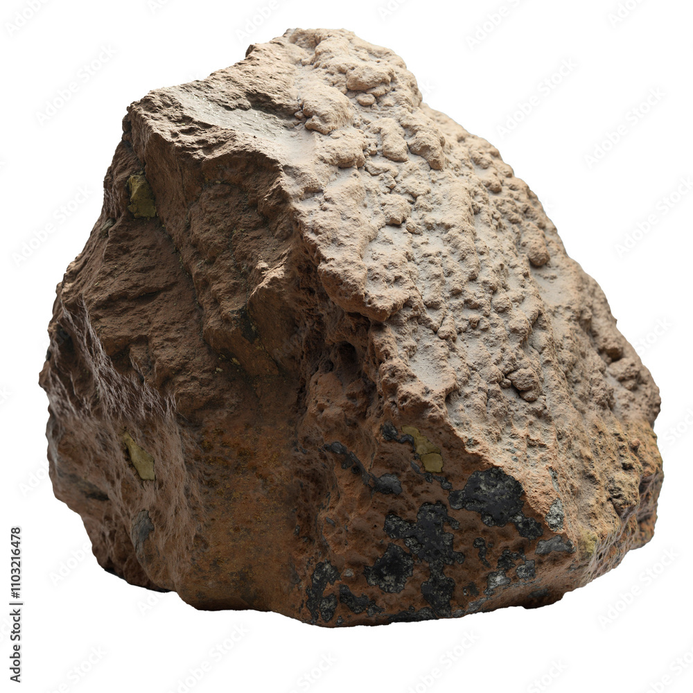 A rough-textured rock with visible gold flecks. The rock's texture and mineral composition are highlighted. The background is transparent. A rough-textured rock with visible gold flecks. The rock's texture and mineral composition are highlighted. The background is transparent.