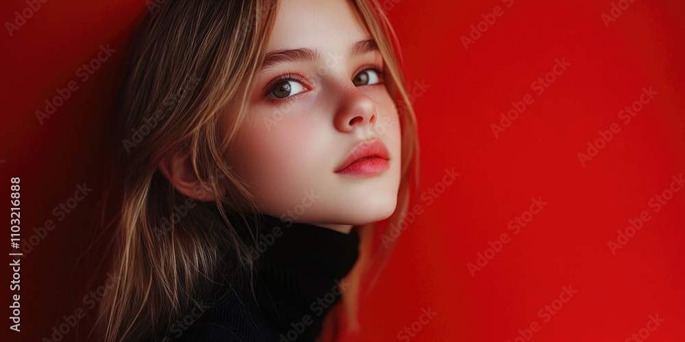 Fototapeta premium Serene Portrait of a Woman with Blonde Hair in Red Background